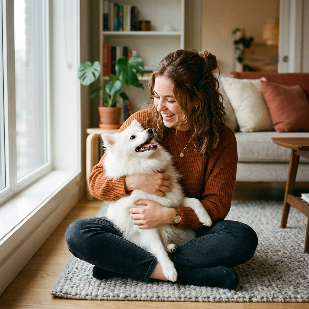 Tutora abraçando seu cãozinho feliz em casa